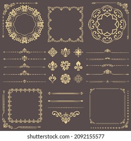 Vintage set of vector horizontal, square and round elements. Different elements for backgrounds, frames and monograms. Classic patterns. Set of vintage golden patterns