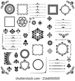 Vintage set of vector horizontal, square and round black elements. Elements for backgrounds, frames and monograms. Classic patterns. Set of vintage patterns