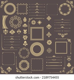 Ensemble vintage d'éléments vectoriels horizontaux, carrés et ronds. Éléments pour les arrière-plans, les cadres et les monogrammes. Des motifs classiques. Ensemble de motifs marron et doré