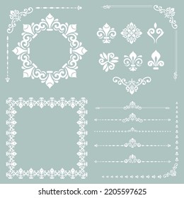 Vintage set of vector horizontal, square and round elements. Elements for backgrounds, frames and monograms. Classic patterns. Set of light blue and white patterns