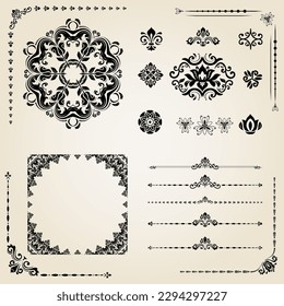 Vintage set of vector horizontal, square and round elements. Elements for backgrounds and frames. Classic patterns. Set of vintage patterns