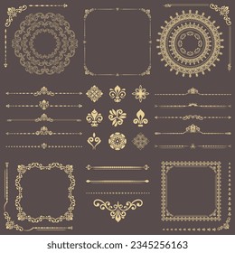 Ensemble vintage d'éléments vectoriels horizontaux, carrés et ronds. Éléments pour les arrière-plans et les cadres. Motifs classiques marron et doré. Ensemble de motifs vintage