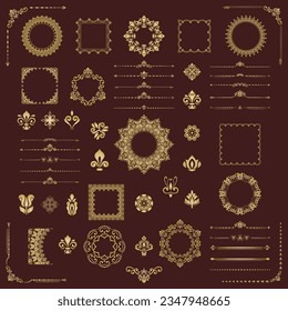 Vintage set of vector horizontal, square and round elements. Elements for backgrounds and frames. Classic patterns. Set of vintage btrown and golden patterns