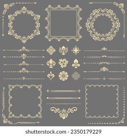 Vintage set of vector horizontal, square and round elements. Elements for backgrounds and frames. Classic gray and golden patterns. Set of vintage patterns
