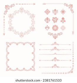 Conjunto vintage de elementos vectoriales horizontales, cuadrados y redondos. Elementos para fondos y marcos. Patrones rosas clásicos. Conjunto de patrones vintage