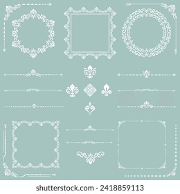 Vintage set of vector horizontal, square and round elements. Elements for backgrounds and frames. Classic light blue white patterns. Set of vintage patterns