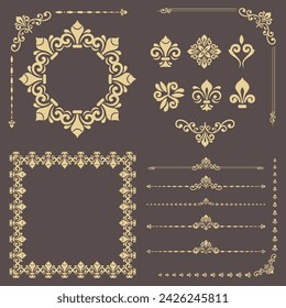 Vintage set of vector horizontal, square and round elements. Elements for backgrounds and frames. Classic patterns. Set of vintage brown golden patterns