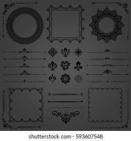 Vintage set of vector horizontal, square and round elements. Different elements for decoration design, frames, cards, menus, backgrounds and monograms. Classic patterns. Set of vintage patterns