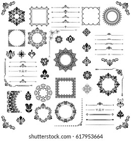 Vintage set of vector horizontal, square and round elements. Different elements for decoration design, frames, cards, menus, backgrounds and monograms. Classic patterns. Set of vintage patterns