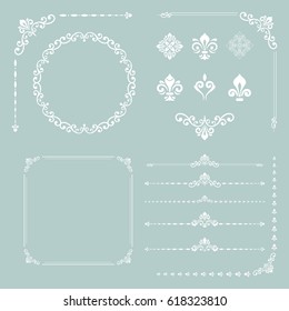 Vintage set of vector horizontal, square and round elements. Different elements for decoration design, frames, cards, menus, backgrounds and monograms. Classic patterns. Set of vintage patterns