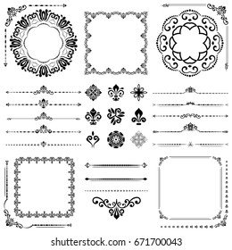 Vintage set of vector horizontal, square and round elements. Different elements for decoration design, frames, cards, menus, backgrounds and monograms. Classic patterns. Set of vintage patterns