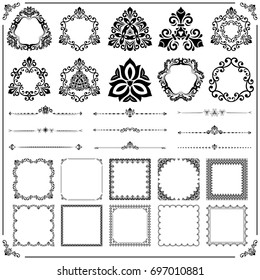 Vintage set of vector horizontal, square and round elements. Different elements for decoration design, frames, cards, menus, backgrounds and monograms. Orient patterns. Set of vintage patterns