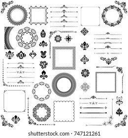 Vintage set of vector horizontal, square and round elements. Different elements for decoration design, frames, cards, menus, backgrounds and monograms. Classic black patterns. Set of vintage patterns