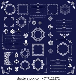 Vintage set of vector horizontal, square and round elements. Different elements for decoration design, frames, cards, menus, backgrounds and monograms. Classic white patterns. Set of vintage patterns