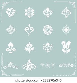 Vintage set of vector light blue and white elements. Different elements for design backgrounds and monograms. Classic patterns. Set of vintage patterns