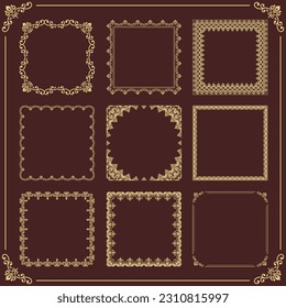 Vintage set of vector patterns. Brown and golden square elements for decoration and design frames, cards, menus, backgrounds and monograms. Classic patterns.