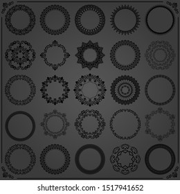 Vintage set of vector round elements. Different round black elements for design frames, cards, backgrounds and monograms. Classic patterns. Set of vintage patterns