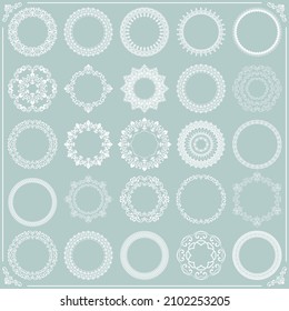 Vintage set of vector round elements. Different elements for design frames, cards, menus, backgrounds and monograms. Classic white patterns. Set of vintage patterns