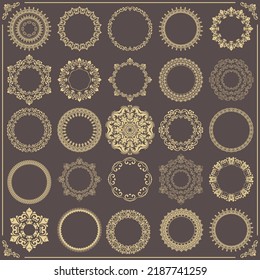 Vintage set of vector round elements. Different golden elements for design frames, cards, menus, backgrounds and monograms. Classic golden patterns. Set of vintage patterns