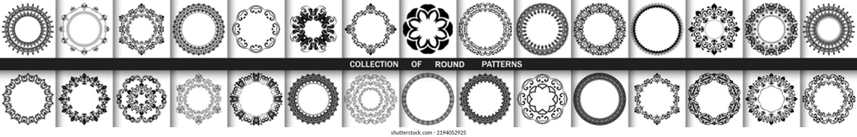 Vintage set of vector round elements. Black and white elements for design frames, cards, menus, backgrounds and monograms. Classic patterns. Set of vintage patterns