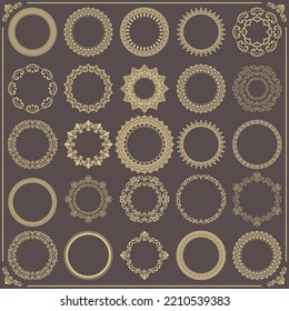 Vintage set of vector round elements. Different elements for design frames, cards, menus, backgrounds and monograms. Classic brown and golden patterns. Set of vintage patterns