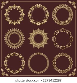 Vintage set of vector round elements. Brown and golden elements for design frames, cards, menus, backgrounds and monograms. Classic patterns. Set of vintage patterns