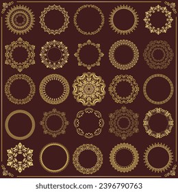 Vintage set of vector round elements. Different elements for design frames, cards, backgrounds and monograms. Classic brown golden patterns. Set of vintage patterns