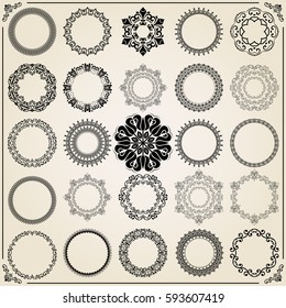 Vintage set of vector round elements. Different elements for decoration and design frames, cards, menus, backgrounds and monograms. Classic patterns. Set of vintage patterns