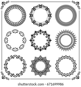 Vintage set of vector round elements. Different elements for decoration and design frames, cards, menus, backgrounds and monograms. Classic patterns. Set of vintage patterns