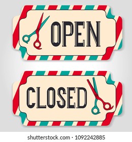 Vintage set of vector signs with open and closed for barbershop or hair brooming salon. Vector illustration