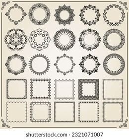 Vintage set of vector square and round elements. Elements for backgrounds and frames. Classic black and beige patterns. Set of vintage patterns