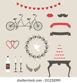 Vintage set of vector wedding illustrations and decorative elements