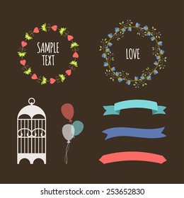 Vintage set of vector wedding illustrations and decorative elements