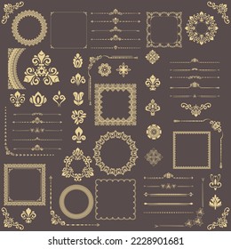 Vintage set of vector yellow horizontal, square and round elements. Elements for backgrounds and frames. Classic patterns. Set of vintage patterns
