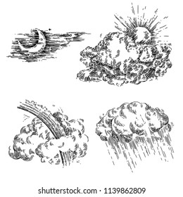 Vintage set of weather. Sun, clouds, moon, rain, rainbow and storm. Sketch. Engraving style. Vector illustration.