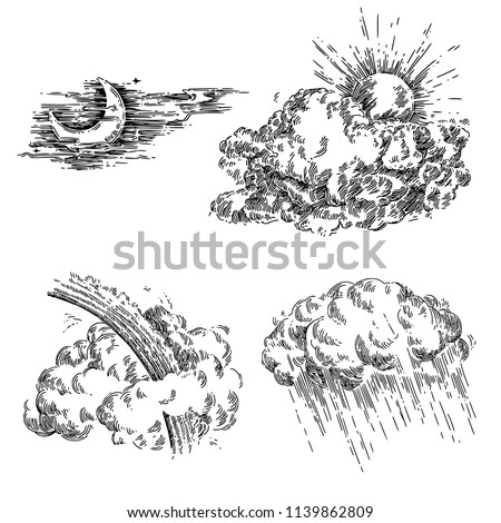 Vintage set of weather. Sun, clouds, moon, rain, rainbow and storm. Sketch. Engraving style. Vector illustration.