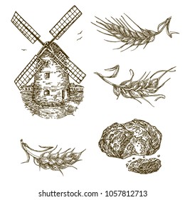 Vintage set. Windmill, grain and bread. Engraving style. Vector illustration.