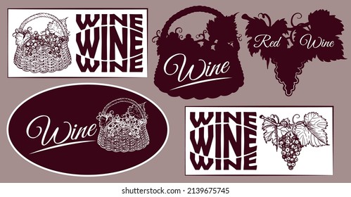 Conjunto vintage del logotipo del vino con dibujo de uvas violetas en una rama y uva en el arbusto. Insignia de bebida alcohólica de arte de línea. Menú de barra de esquema. Etiqueta de bodega grabada. Vino. Ilustración vectorial.