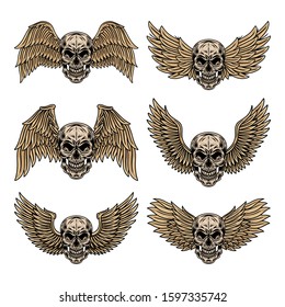 Vintage Set of winged skulls isolated retro vector illustration on a white background. Great design for any purposes.