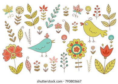 Vintage set for your design with birds and flowers. Cute cartoon illustration for wedding invitations and romantic cards, birthday and other holiday.