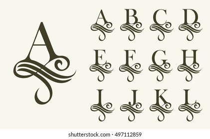 Vintage Set1 . Capital Letter for Monograms and Logos. Beautiful Filigree Font. Victorian Style.