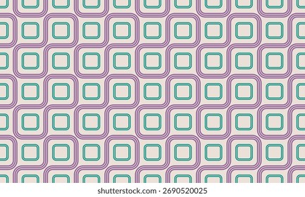 Vintage seventies inspired seamless pattern featuring interconnected rounded squares and flowing wavy lines in a retro color palette