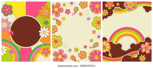 Vintage seventies psychedelic illustration set. Retro floral background art collection. Groovy colorful spring template. Hippie nature backdrop print with copy space, rainbow, daisy flowers.