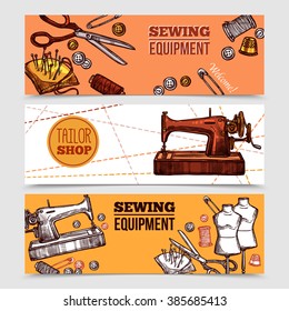 Vintage sewing banners with tailor tools mannequins and sewing machine in hand drawn style vector illustration