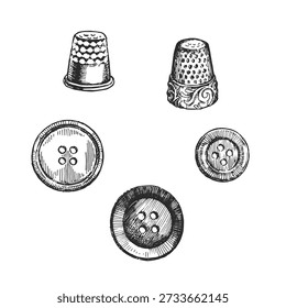 Vintage sewing buttons and thimbles vector. Hand-drawn tailor metal protection tool and plastic fasteners. Retro craft supplies in ink style.