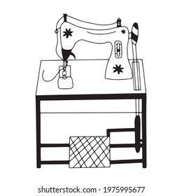 Vintage sewing machine. Antique sewing tool. Table with pedal underneath and wheel. Black and white vector illustration in doodle style isolated single