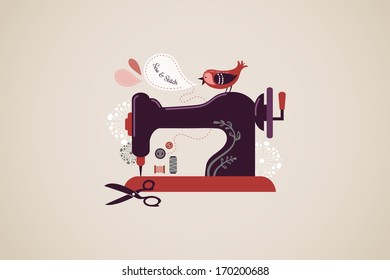 Vintage sewing machine background with bird and flowers