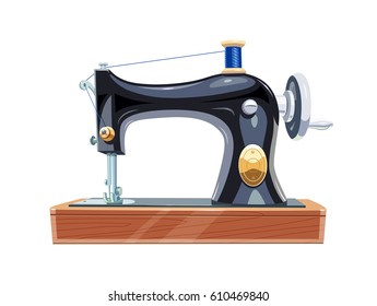 Vintage sewing machine with blue spool thread. Equipment for sew vogue clothes. Isolated white background. Vector illustration.