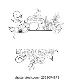 Vintage sewing machine and flowers, border. Handcraft in retro style. Vintage old fashion, tailoring. Graphic vector line, hand drawn, black silhouette