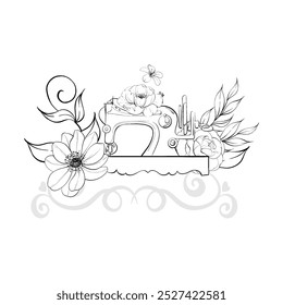 Vintage sewing machine and flowers, border6 arrangement. Handcraft in retro style. Old fashion, tailoring for logo, postcard, fabric, printing. Graphic vector line, hand drawn, black silhouette